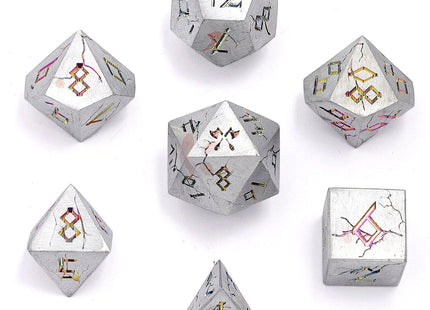 Gamers Guild AZ HYMGHO HYMGHO Dice: HY00358 - Barbarian Solid Metal Polyhedral Dice Set - Matte Silver and Rainbow HYMGHO