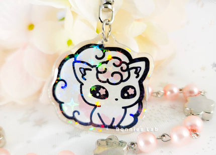 Gamers Guild AZ Bonnies Lab Pokemon: Shiny Alolan Vulpix Epoxy Acrylic Keychain Holographic Charm Faire