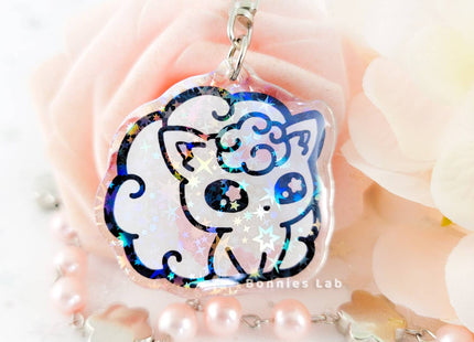 Gamers Guild AZ Bonnies Lab Pokemon: Shiny Alolan Vulpix Epoxy Acrylic Keychain Holographic Charm Faire