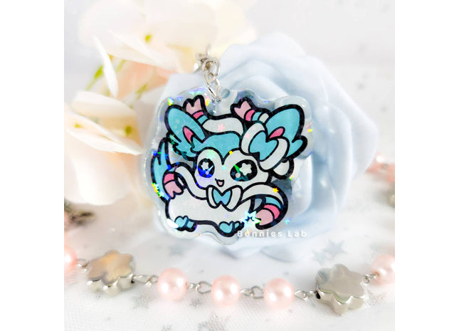 Gamers Guild AZ Bonnies Lab Pokemon: Shiny Sylveon Epoxy Acrylic Keychain Holographic Charm Faire