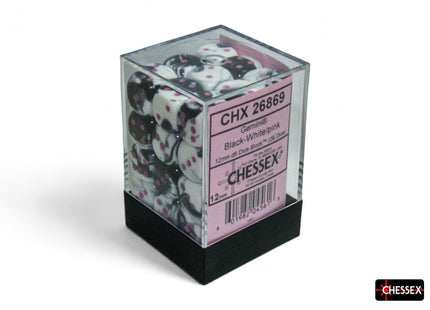 Gamers Guild AZ Chessex Chessex Dice: Black-White/Pink Gemini 12mm d6 Dice Block (36 dice) – 26869 Chessex