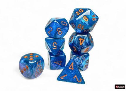 Gamers Guild AZ Chessex Chessex Dice: Borealis Midnight/Copper Polyhedral 7-Dice Set (with bonus die) GTS