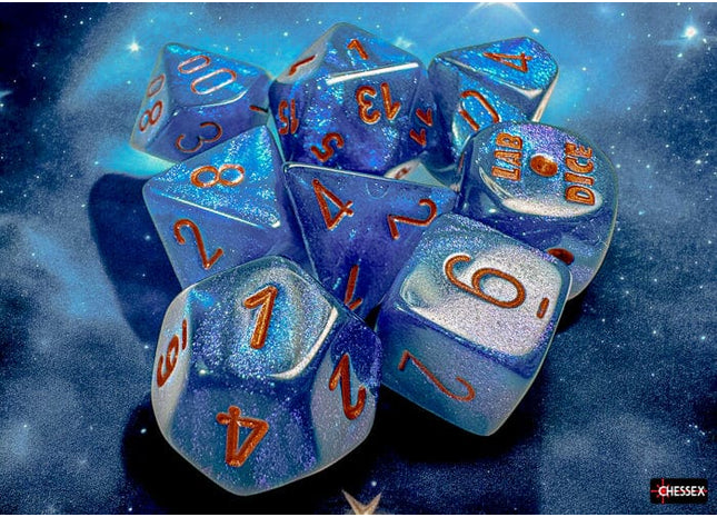 Gamers Guild AZ Chessex Chessex Dice: Borealis Midnight/Copper Polyhedral 7-Dice Set (with bonus die) GTS
