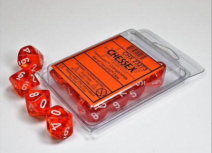 Gamers Guild AZ Chessex CHX23273 - Chessex Set of Ten D10 Translucent Orange / White Chessex