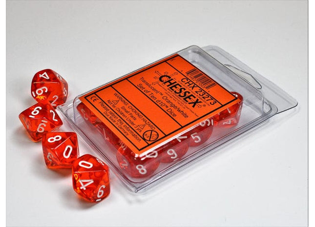 Gamers Guild AZ Chessex CHX23273 - Chessex Set of Ten D10 Translucent Orange / White Chessex