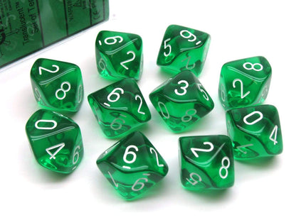 Gamers Guild AZ Chessex CHX23275 - Chessex Set of Ten d10 Translucent Green / White Chessex