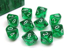 Gamers Guild AZ Chessex CHX23275 - Chessex Set of Ten d10 Translucent Green / White Chessex
