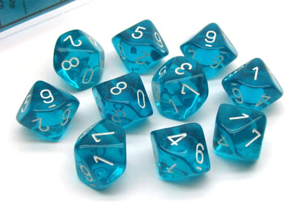 Gamers Guild AZ Chessex CHX23285 - Chessex Set of Ten D10 Translucent Teal / White Chessex