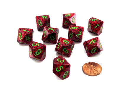 Gamers Guild AZ Chessex CHX25104 - Chessex Set of Ten D10 Speckled Strawberry / Green Chessex