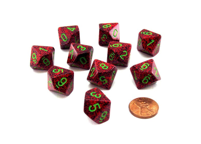 Gamers Guild AZ Chessex CHX25104 - Chessex Set of Ten D10 Speckled Strawberry / Green Chessex