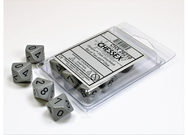 Gamers Guild AZ Chessex CHX26210 - Chessex Set of Ten D10 Opaque Dark Grey / Black Chessex