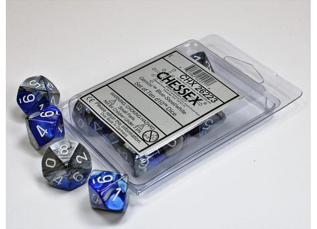 Gamers Guild AZ Chessex CHX26223 - Chessex Set of Ten D10 Gemini Blue Steel / White Chessex