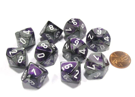 Gamers Guild AZ Chessex CHX26232 - Chessex Set of Ten D10 Gemini Purple Steel / White Chessex