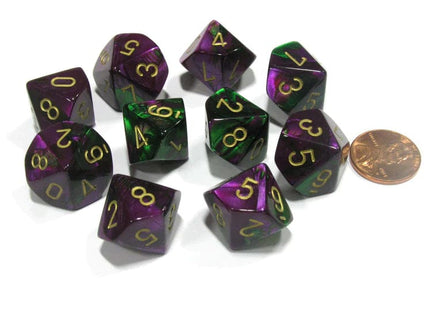 Gamers Guild AZ Chessex CHX26234 - Chessex Set of Ten D10 Gemini Green Purple / Gold Chessex