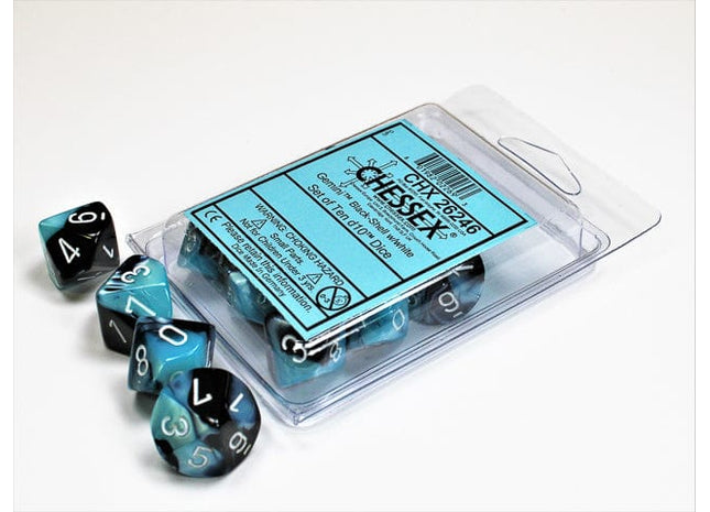 Gamers Guild AZ Chessex CHX26246 - Chessex Set of Ten D10 Gemini Black Shell / White Chessex