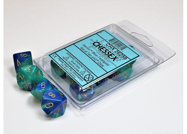 Gamers Guild AZ Chessex CHX26259 - Chessex Set of Ten D10 Gemini Blue Teal / Gold Chessex