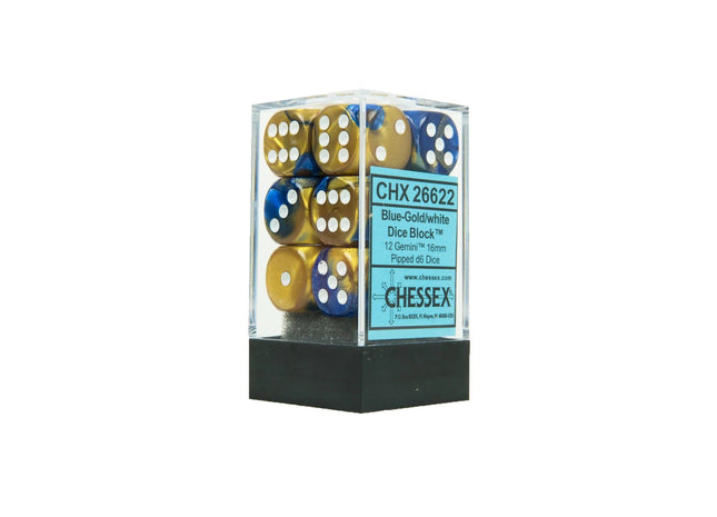 Gamers Guild AZ Chessex CHX26622 - Chessex 16mm Set of 12 D6 Gemini Blue-Gold/White Chessex