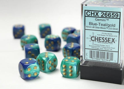 Gamers Guild AZ Chessex CHX26659 - Chessex 16mm Set of 12 D6 Gemini Blue-Teal/Gold Chessex