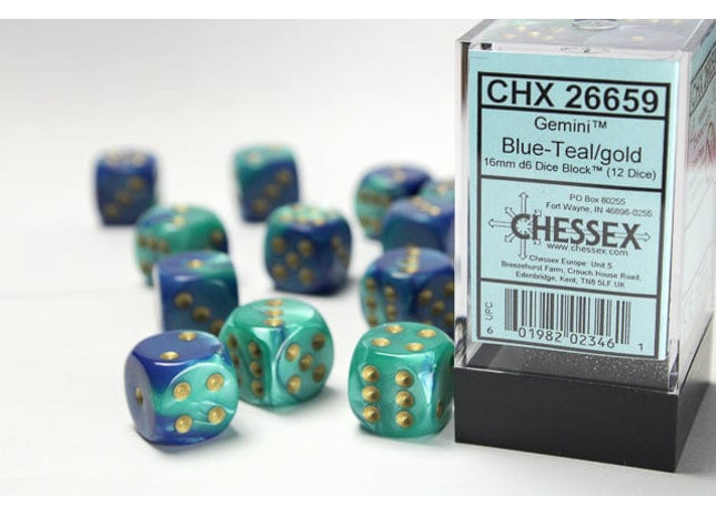 Gamers Guild AZ Chessex CHX26659 - Chessex 16mm Set of 12 D6 Gemini Blue-Teal/Gold Chessex