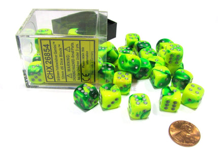 Gamers Guild AZ Chessex CHX26854 - Chessex  12mm Green Yellow/Silver Gemini Chessex