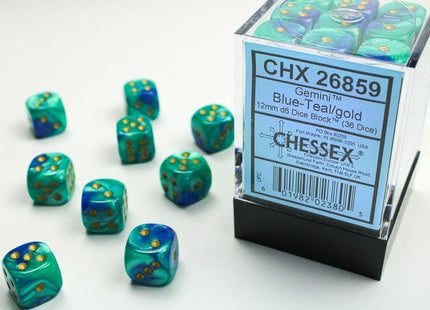 Gamers Guild AZ Chessex CHX26859 -  Chessex 12mm D6 Blue – Teal/ Gold Gemini Chessex