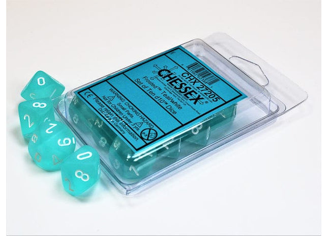 Gamers Guild AZ Chessex CHX27205 - Chessex Set of Ten D10 Frosted Teal / White Chessex