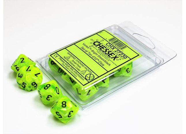 Gamers Guild AZ Chessex CHX27230 - Chessex Set of Ten D10 Vortex Bright Green / Black Chessex