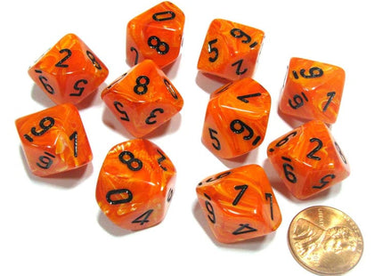 Gamers Guild AZ Chessex CHX27233 - Chessex Set of Ten D10 Vortex Orange / Black Chessex