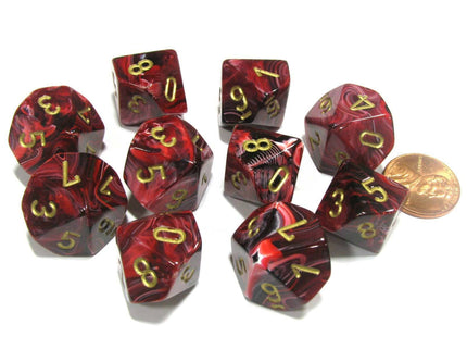 Gamers Guild AZ Chessex CHX27234 - Chessex Set of Ten d10 Vortex Burgundy / Gold Chessex