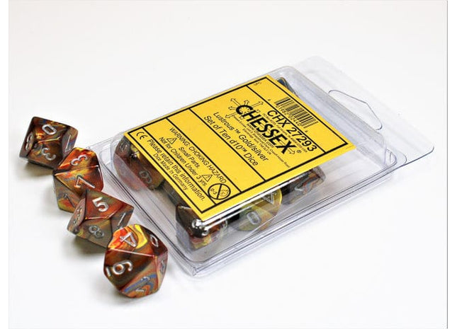Gamers Guild AZ Chessex CHX27293 - Chessex Set of Ten D10 Lustrous Gold /Silver Chessex
