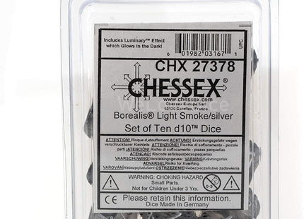 Gamers Guild AZ Chessex CHX27378 - Chessex Set of Ten d10 Borealis Light Smoke/Silver Chessex