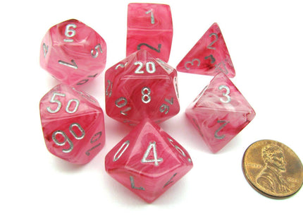 Gamers Guild AZ Chessex CHX27524 -  Chessex 7 Die Set Ghost Glow Pink/Silver Chessex