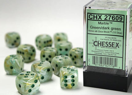 Gamers Guild AZ Chessex CHX27609 - Chessex 16mm Set of 12 D6 Marble Green/Dark Green Chessex