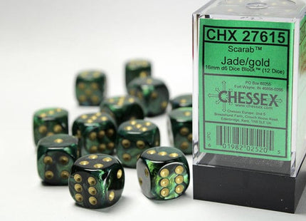 Gamers Guild AZ Chessex CHX27615 - Chessex 16mm Set of 12 D6 Scarab Jade/Gold Chessex