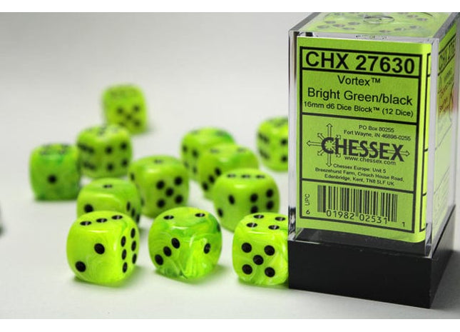 Gamers Guild AZ Chessex CHX27630 - Chessex 16mm Set of 12 D6 Vortex Bright Green/Black Chessex