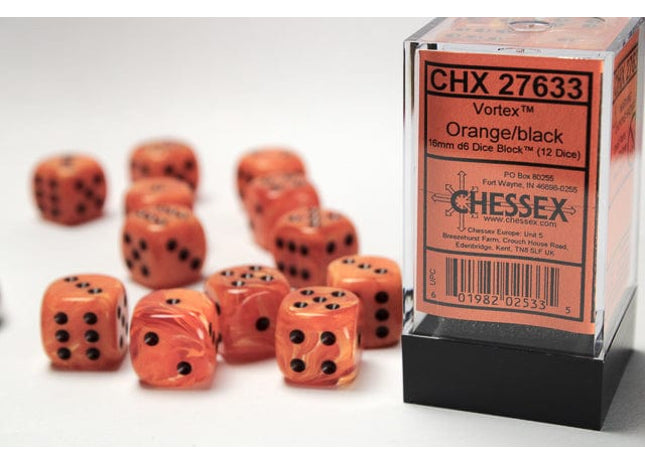 Gamers Guild AZ Chessex CHX27633 - Chessex 16mm Set of 12 D6 Vortex Orange/Black Chessex