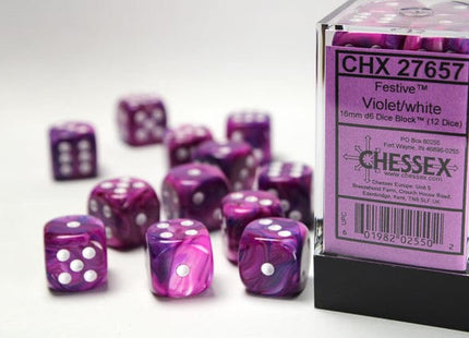 Gamers Guild AZ Chessex CHX27657 - Chessex 16mm Set of 12 D6 Festive Violet/White Chessex