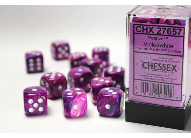 Gamers Guild AZ Chessex CHX27657 - Chessex 16mm Set of 12 D6 Festive Violet/White Chessex