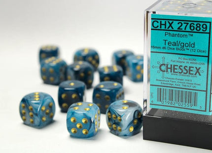 Gamers Guild AZ Chessex CHX27689 - Chessex 16mm Set of 12 D6 Phantom Teal/Gold Chessex