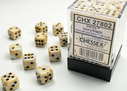 Gamers Guild AZ Chessex CHX27802 -  Chessex 12mm D6 Ivory/Black Marble Chessex
