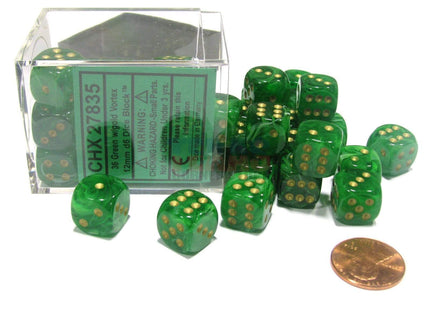 Gamers Guild AZ Chessex CHX27835 -  Chessex 12mm D6 Green/Gold Vortex Chessex