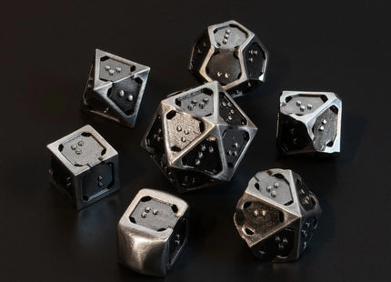 Gamers Guild AZ Die Hard RPG Dice Set - DOTS Braille Hollow Metal - Silver Ingot (7 Dice Set) Die Hard