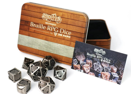 Gamers Guild AZ Die Hard RPG Dice Set - DOTS Braille Hollow Metal - Silver Ingot (7 Dice Set) Die Hard