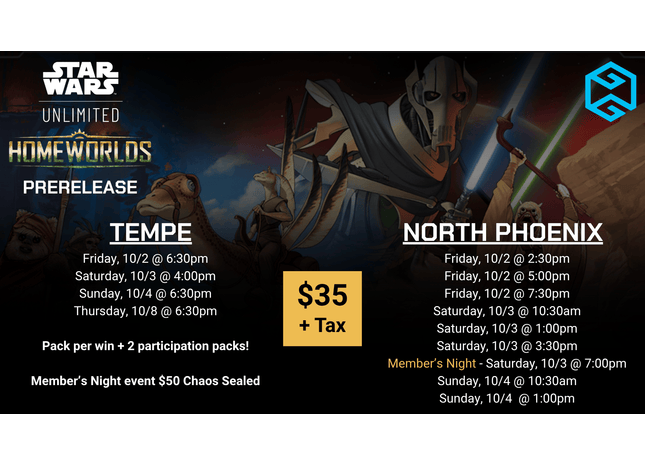 Gamers Guild AZ Event Tickets NPHX - 10/3 @ 10:30am - Star Wars Unlimited (SWU) Homeworlds Prerelease Gamers Guild AZ