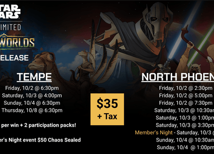 Gamers Guild AZ Event Tickets Tempe - 10/2 @ 6:30pm - Star Wars Unlimited (SWU) Homeworlds Prerelease Gamers Guild AZ