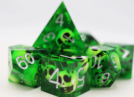 Gamers Guild AZ Foam Brain Games Sharp Edge Resin RPG Dice Set - Green Skulls Foam Brain Games