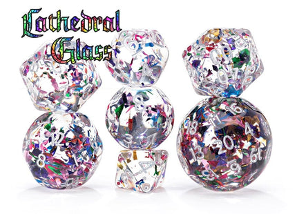 Gamers Guild AZ Gatekeeper Dice Double Dice: Cathedral Glass - Shards of Stained Glass in Clear-as-Glass Resin (7 Polyhedral Dice Set) (Pre-Order) AGD
