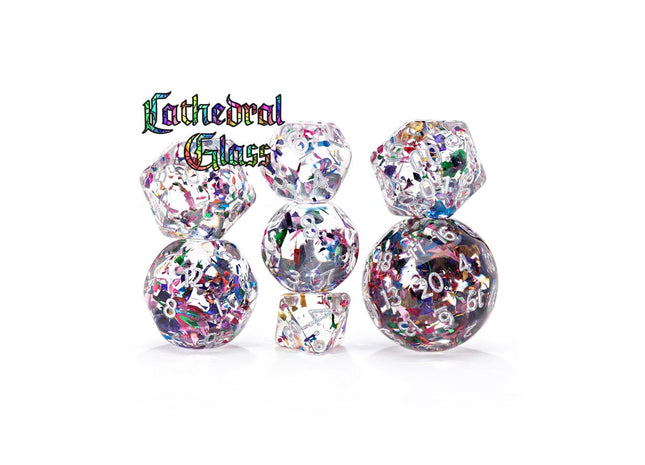 Gamers Guild AZ Gatekeeper Dice Double Dice: Cathedral Glass - Shards of Stained Glass in Clear-as-Glass Resin (7 Polyhedral Dice Set) (Pre-Order) AGD