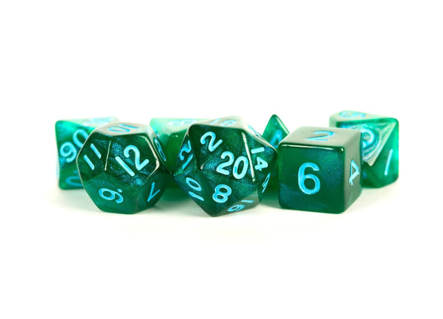 Gamers Guild AZ Metallic Dice Games 16mm Acrylic Polyhedral Dice Set: Stardust Green w/ Blue Numbers Metallic Dice Games