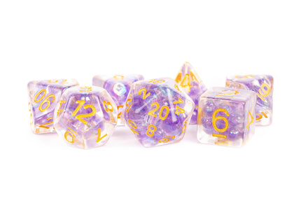 Gamers Guild AZ Metallic Dice Games 7-Die Set 16mm: Pearl - Purple with Gold Numbers Metallic Dice Games